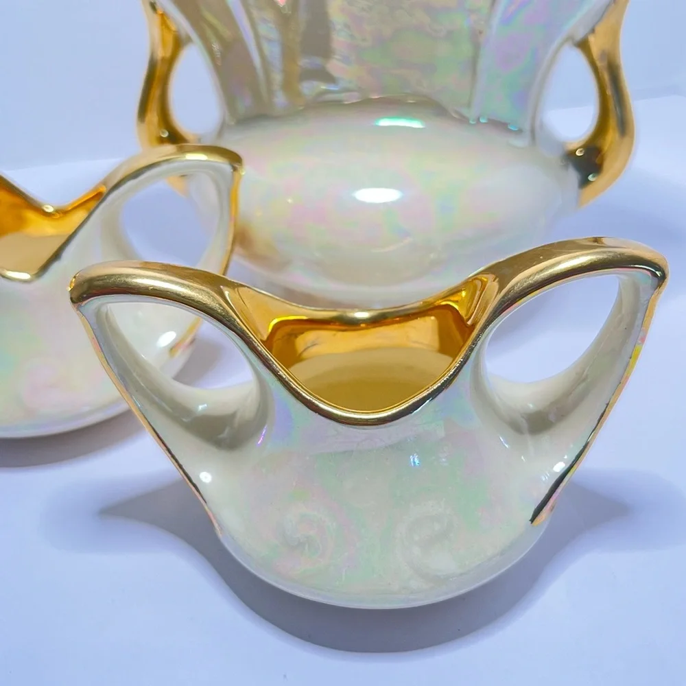 Vintage Pearl China Co. 3-Piece Lusterware Console Set 22K Gold Trim USA